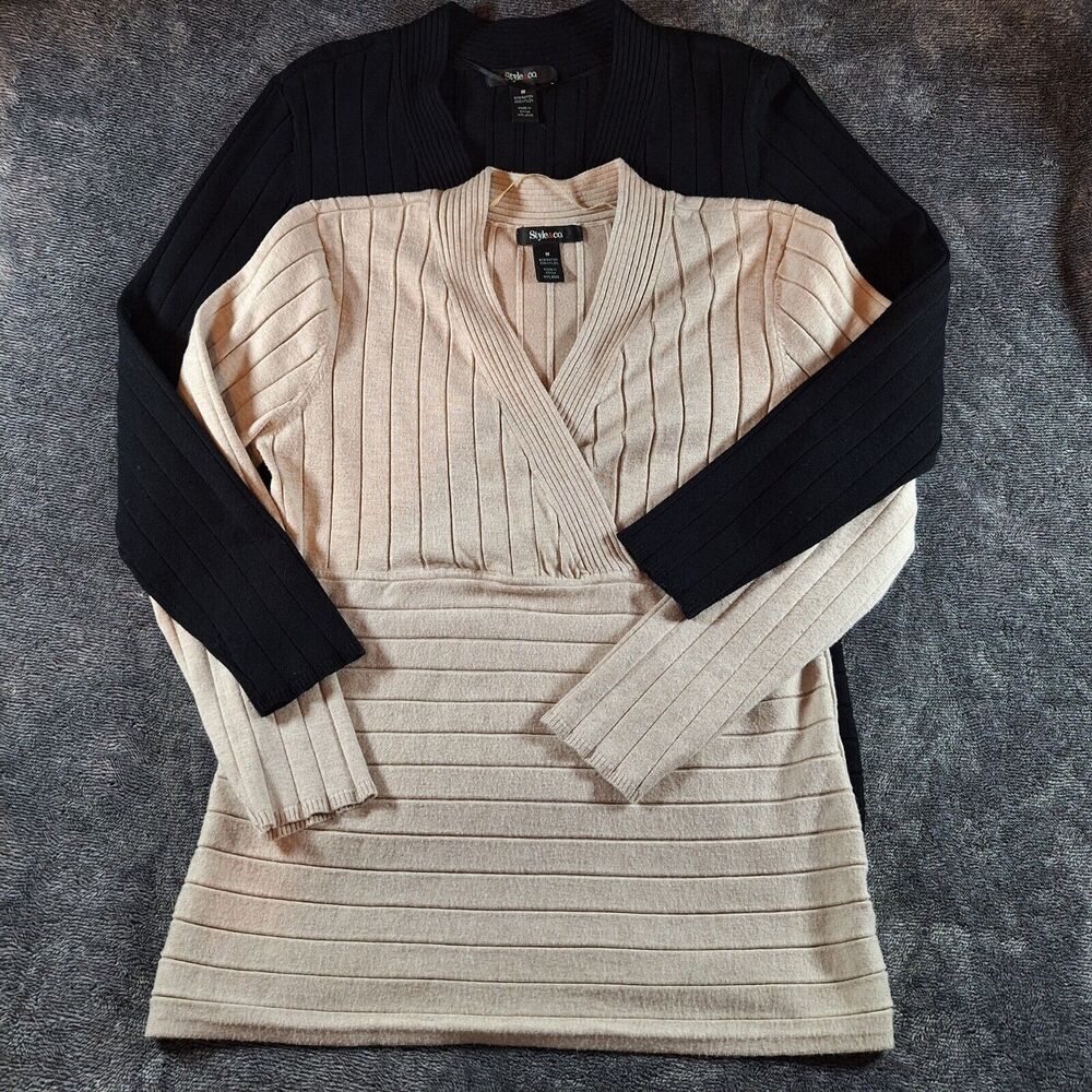 Style & Co 2Pc Deep Vneck Sweaters Womans MTan/Black Ribbed Y2K Baby Doll